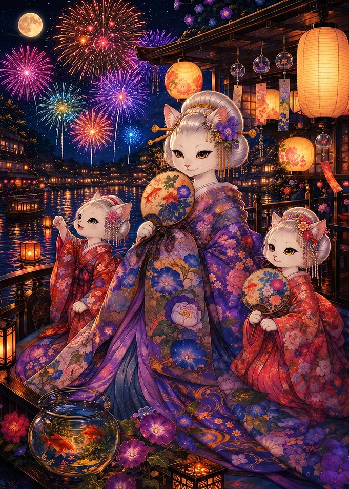 Cat Family in Kimonos Watching Fireworks