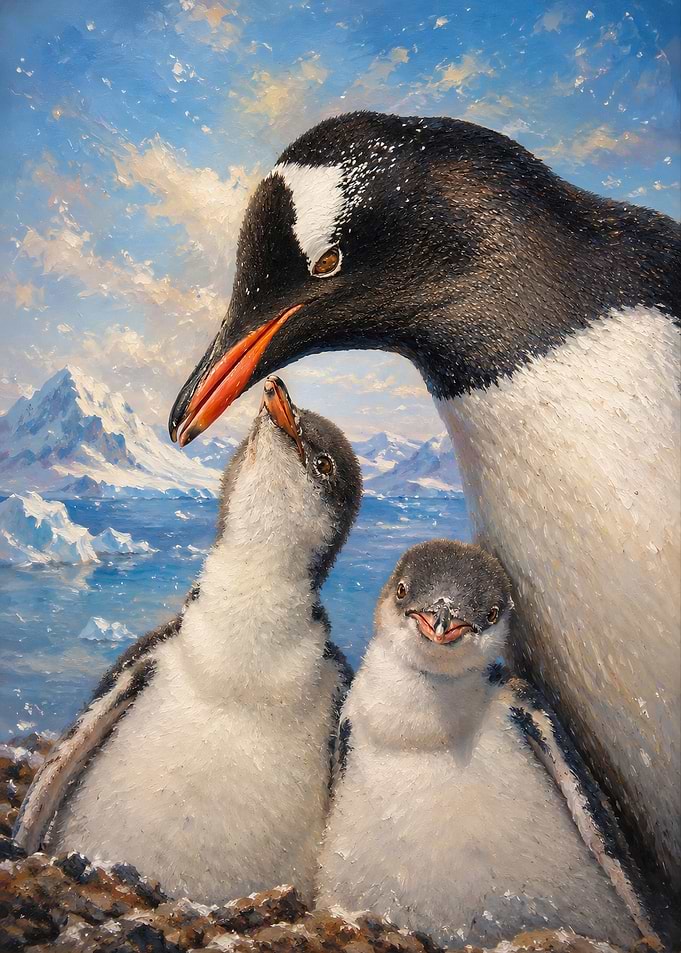 Gentoo Penguin Family in Antarctica