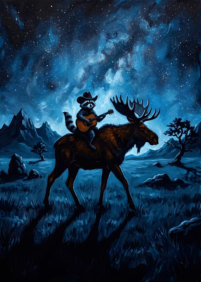 Raccoon Cowboy Riding a Moose