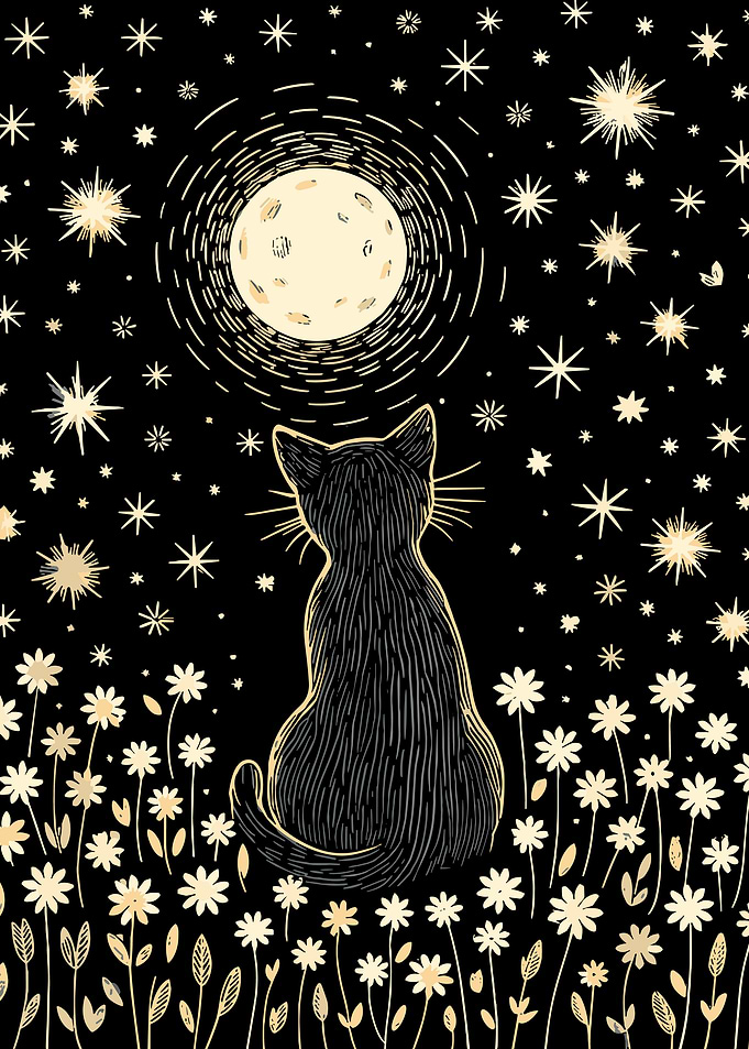 Black Cat Moonlit Wildflower Field Vintage Celestial Wall Art Poster