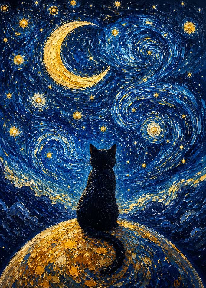 Black Cat Watching Starry Night