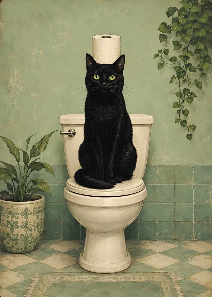 Black Cat Sitting on Toilet