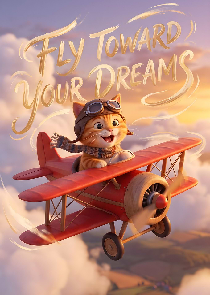 Cute Cat Flying Red Airplane Aviator Cat - Fly Toward Your Dreams