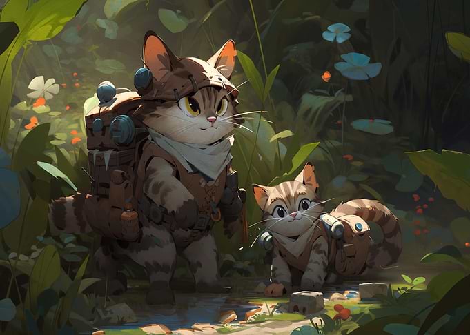 Adventurous Cat Explorers in Forest