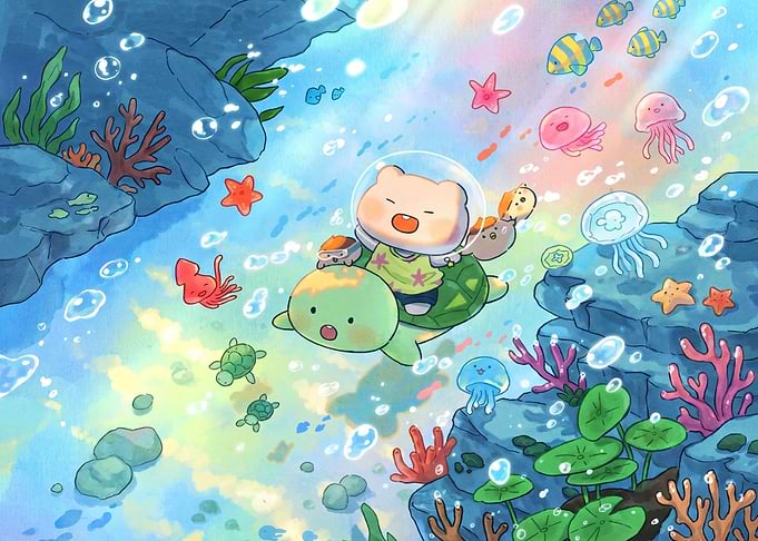 Cute Bear Riding Turtle Underwater