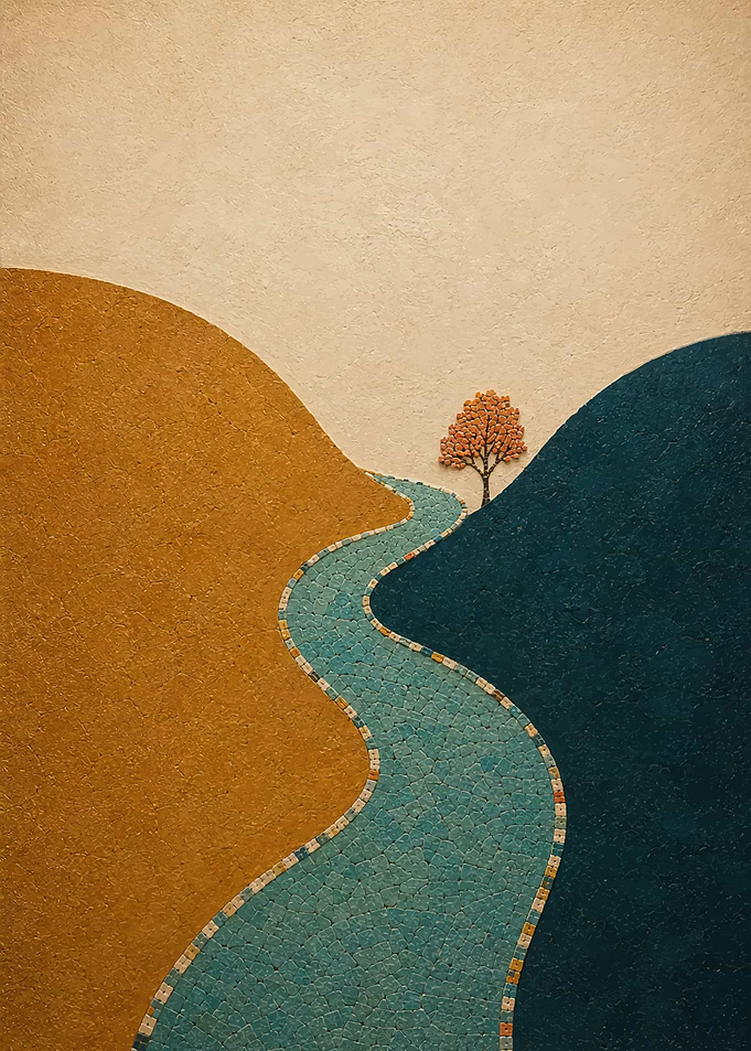 Minimalist Mosaic Landscape with Tree