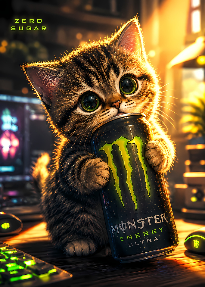 Cute Kitten Drinking Monster Energy