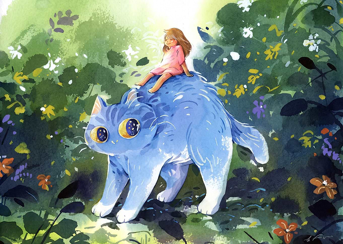 Girl Riding a Giant Blue Cat