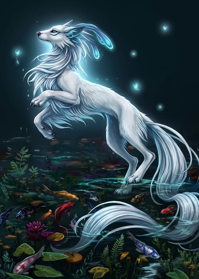 Ethereal White Spirit Fox in Pond
