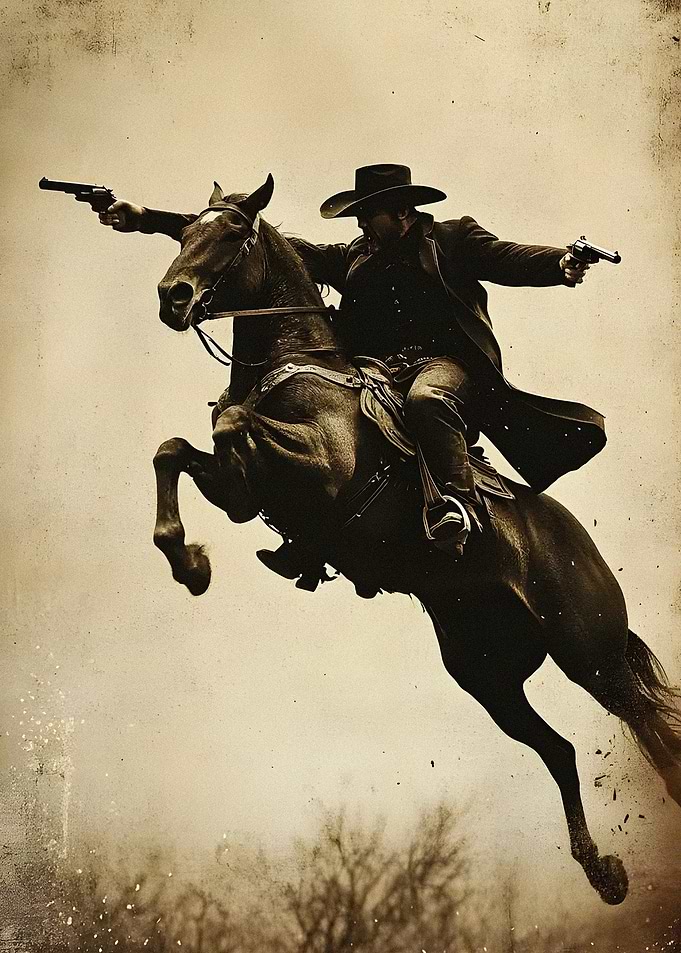 Cowboy Riding Horse with Dual Pistols
