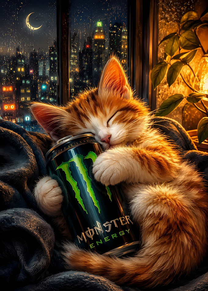Cute Kitten Sleeping with Monster Energy