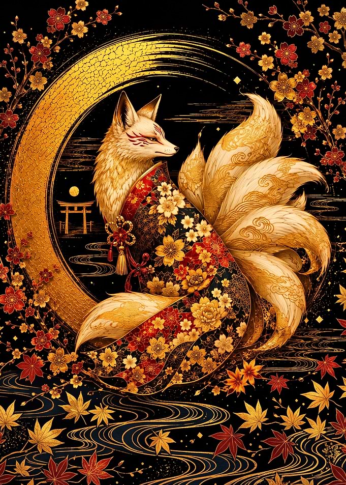 Golden Nine-Tailed Kitsune in Kimono
