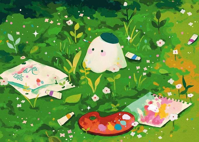 Cute Ghost Artist Painting in Meadow