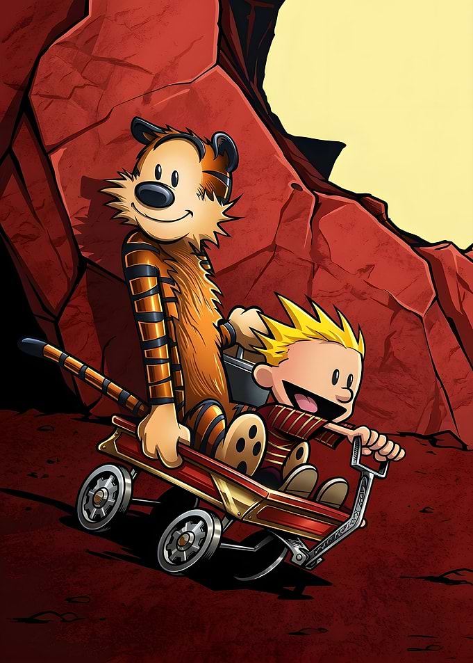 Calvin and Hobbes in Red Wagon