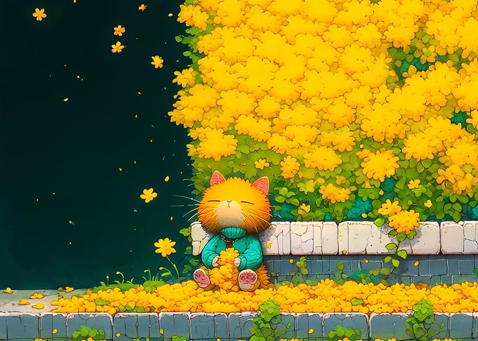 Cute Cat Resting Among Yellow Flowers