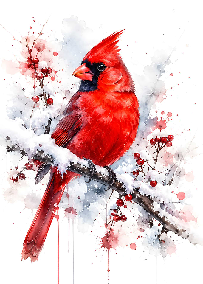Watercolor Northern Cardinal in Winter