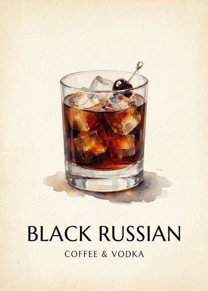 Black Russian Cocktail Watercolor Print