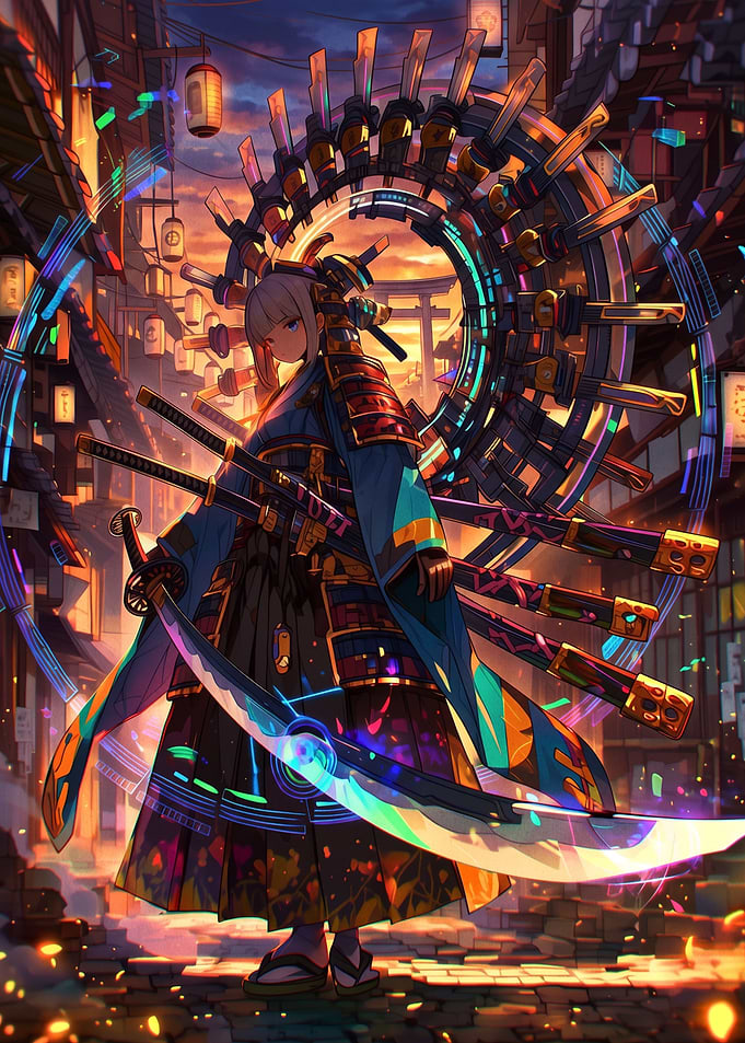 Cyberpunk Samurai Warrior with Glowing Blades