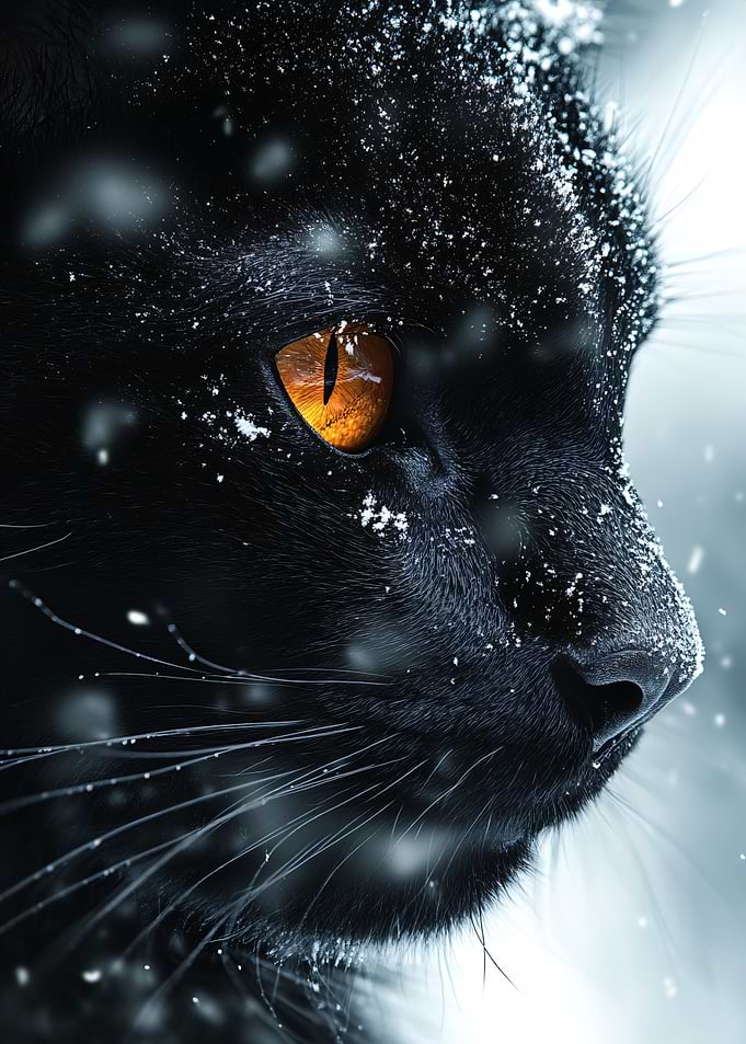 Black Cat in Winter Snow