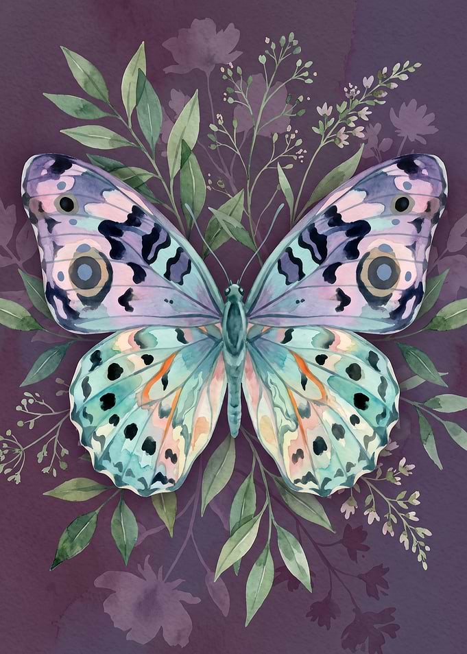 Watercolor Butterfly with Botanical Elements