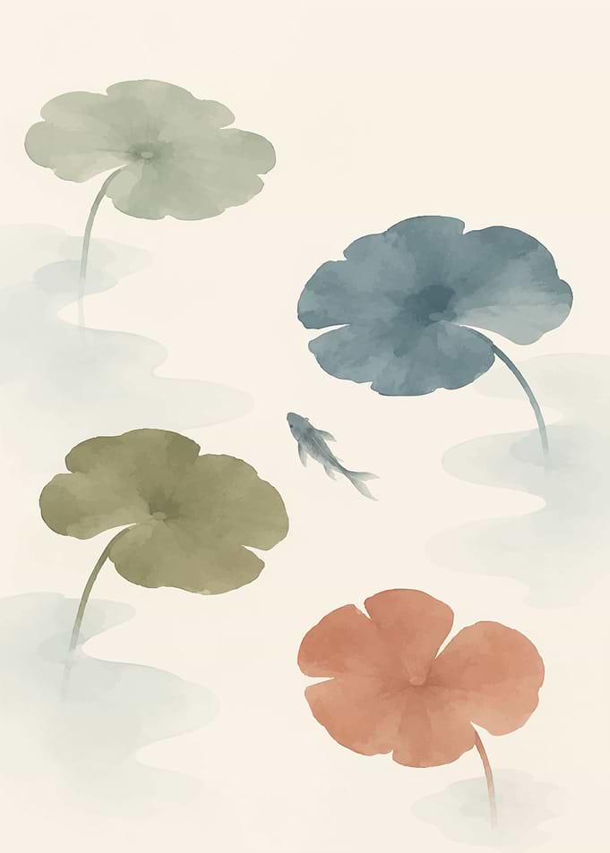 Minimalist Watercolor Lotus and Fish