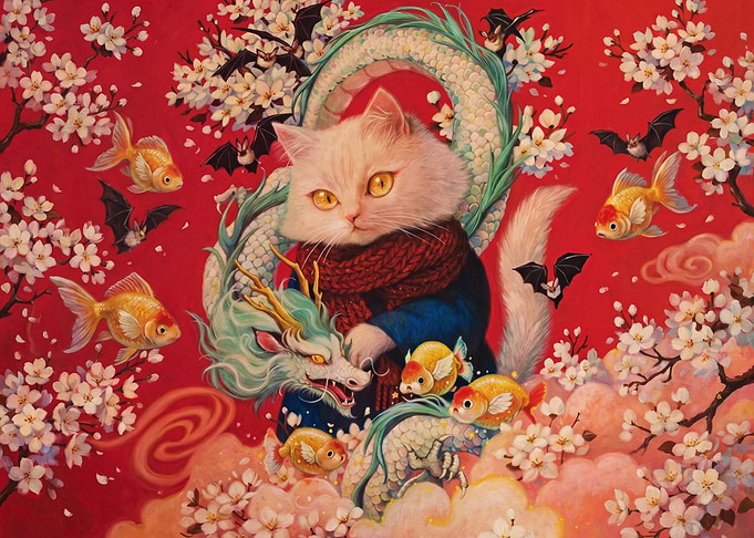 Whimsical Cat with Dragon and Goldfish