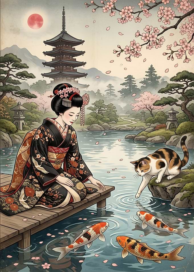 Geisha and Cat at Koi Pond