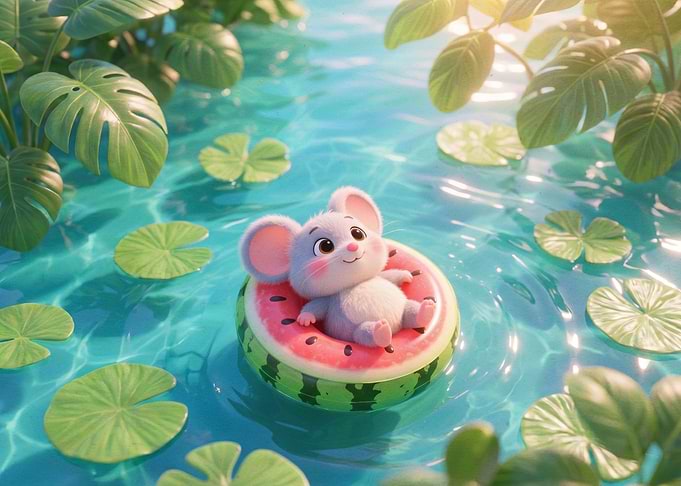 Cute Mouse Floating on Watermelon Ring