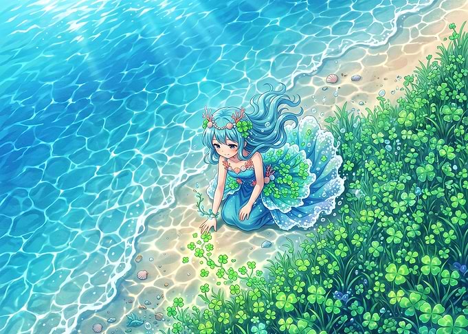 Anime Girl with Clovers by Sea