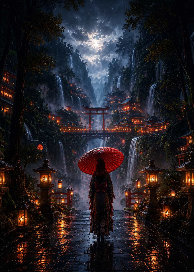 Woman with Red Umbrella in Japan