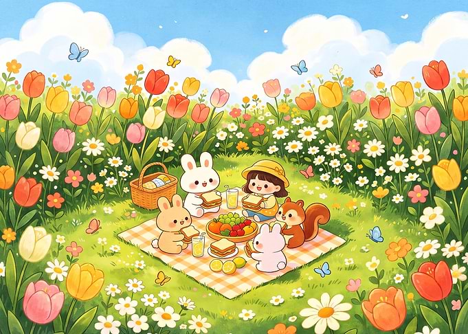 Cute Picnic with Animals and Girl