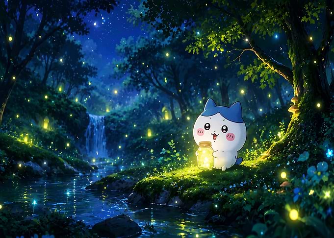 Cute Cat with Fireflies in Forest