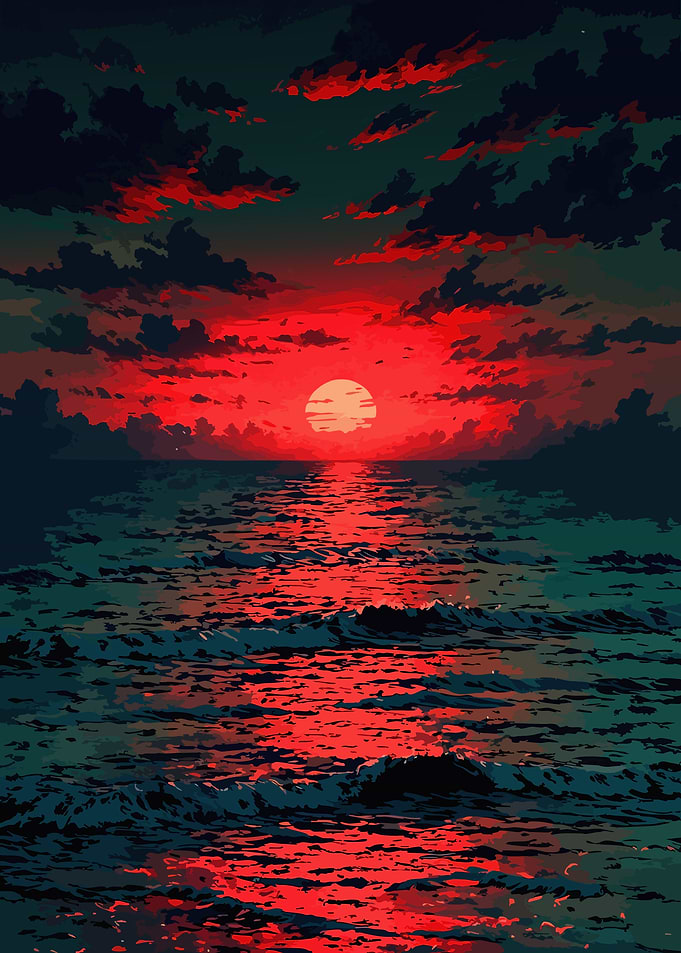 Vibrant Red Sunset Over Ocean