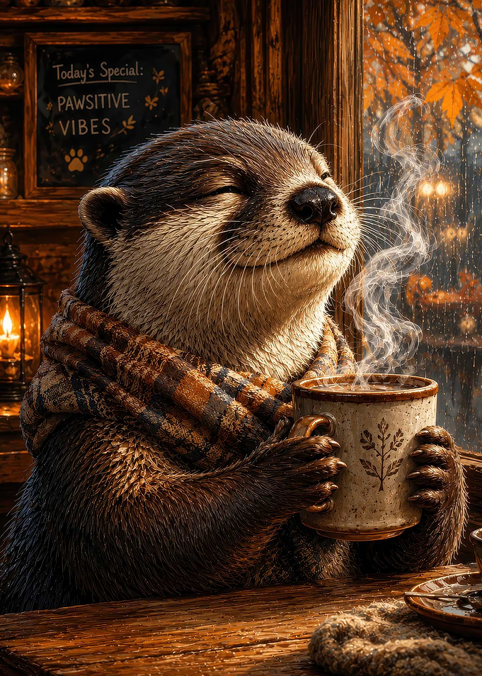 Cozy Otter Enjoying Warm Drink