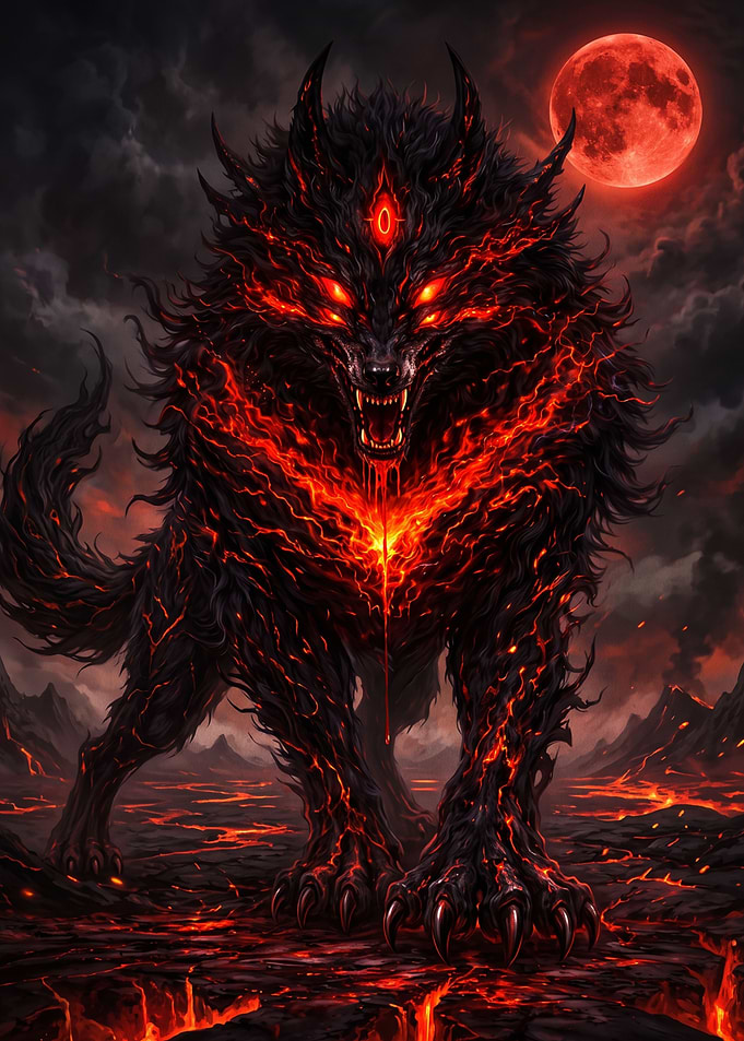 Fiery Demon Wolf Under Blood Moon