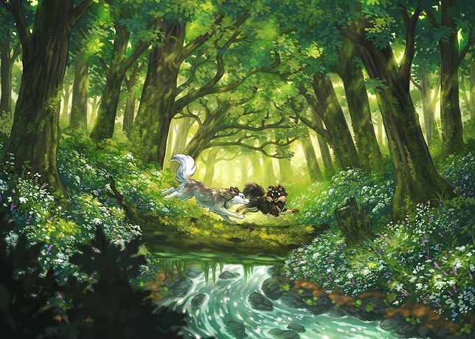 Two Dogs Running Through Enchanted Forest