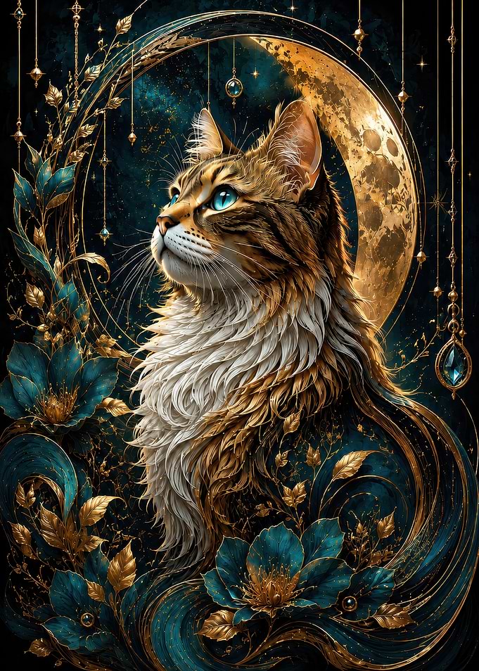 Celestial Golden Cat with Teal Flowers