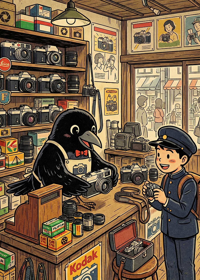 Crow Shopkeeper and Student in Camera Store