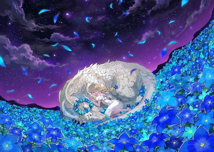 Girl Sleeping with Dragon in Flowers