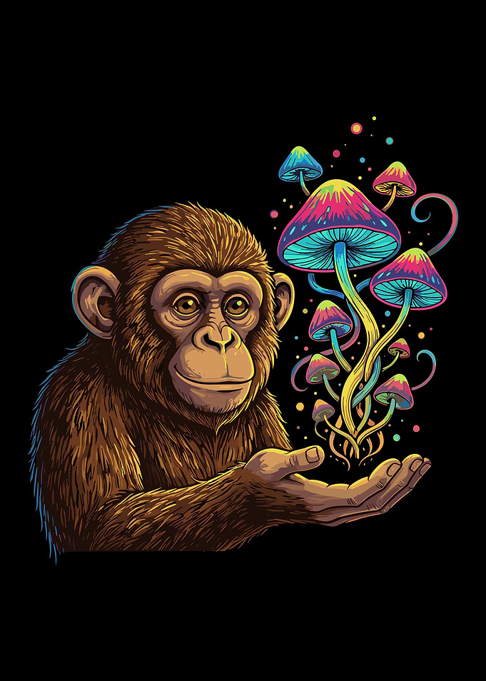 Chimpanzee Holding Psychedelic Mushrooms