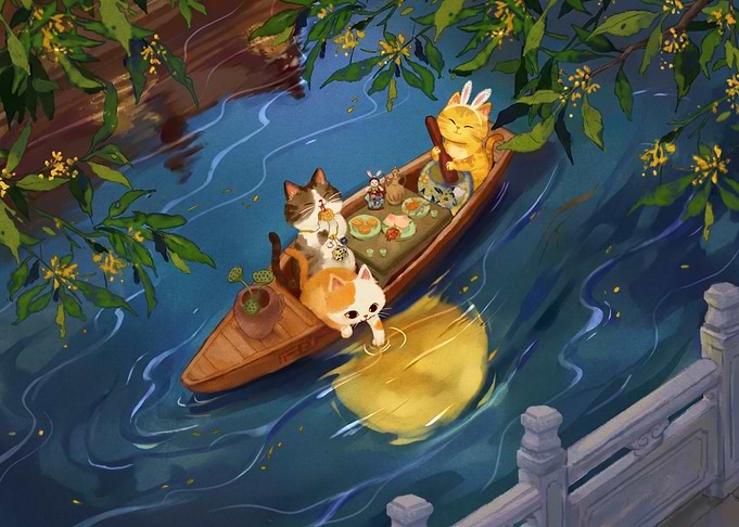 Cats Celebrating Mid-Autumn Festival on Boat