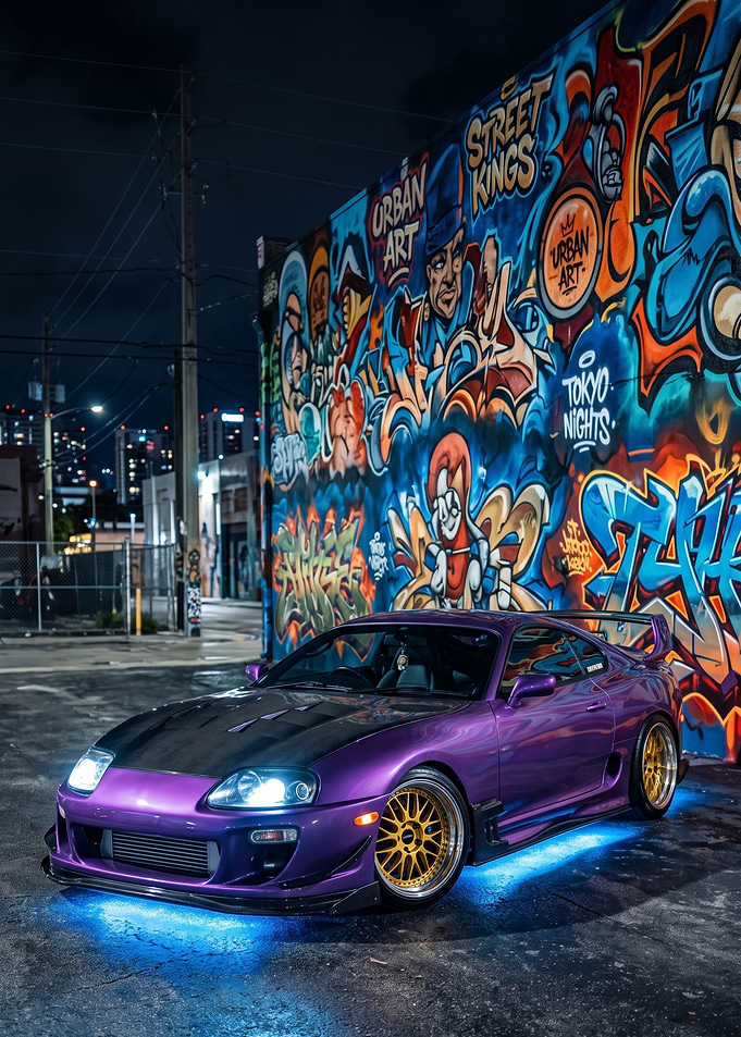 Purple Toyota Supra with Graffiti Background