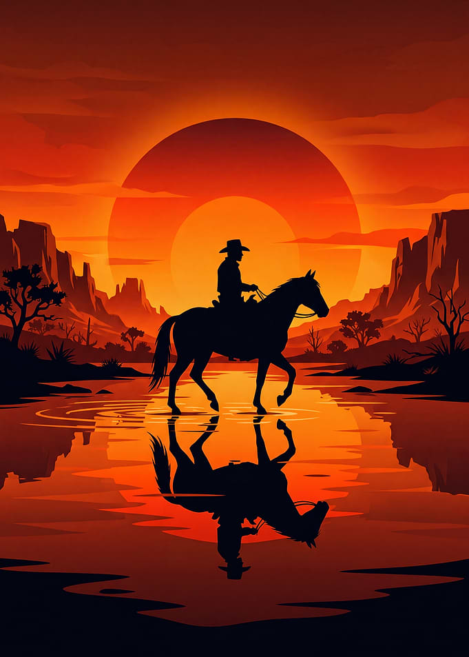 Cowboy Riding Horse at Sunset