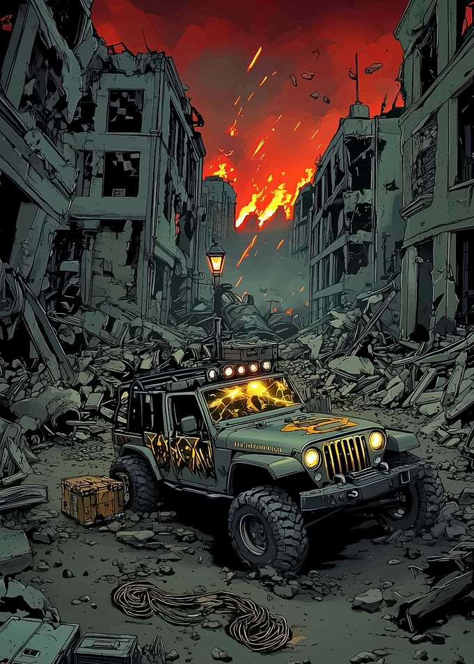 Post-Apocalyptic Jeep in Ruined City