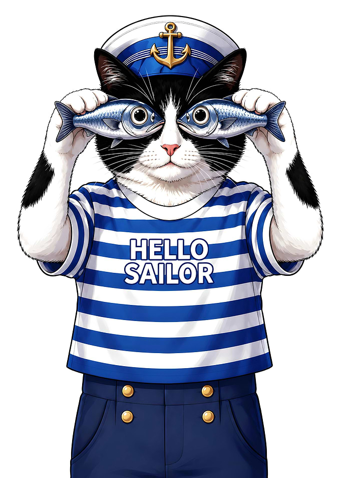 Hello Sailor Cat Holding Fish