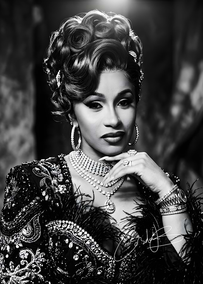 Cardi B Glamorous Black and White Portrait
