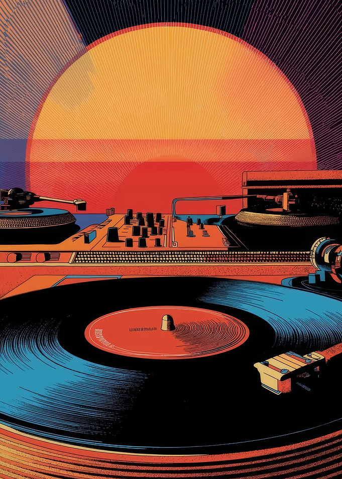 Retro DJ Turntables Sunset Illustration