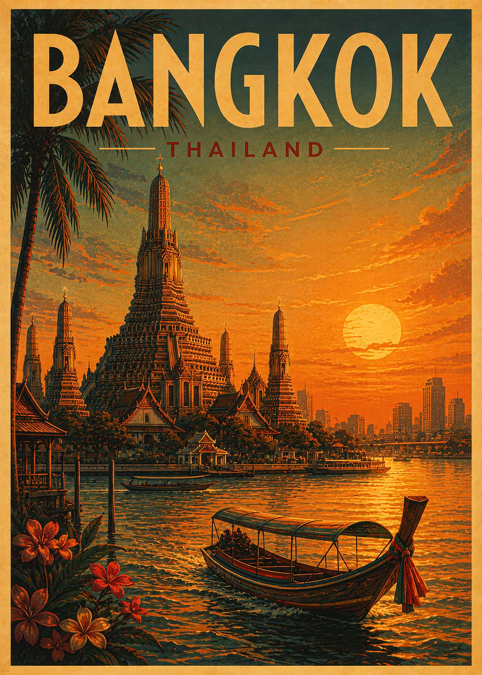 Bangkok Thailand Vintage Travel Poster