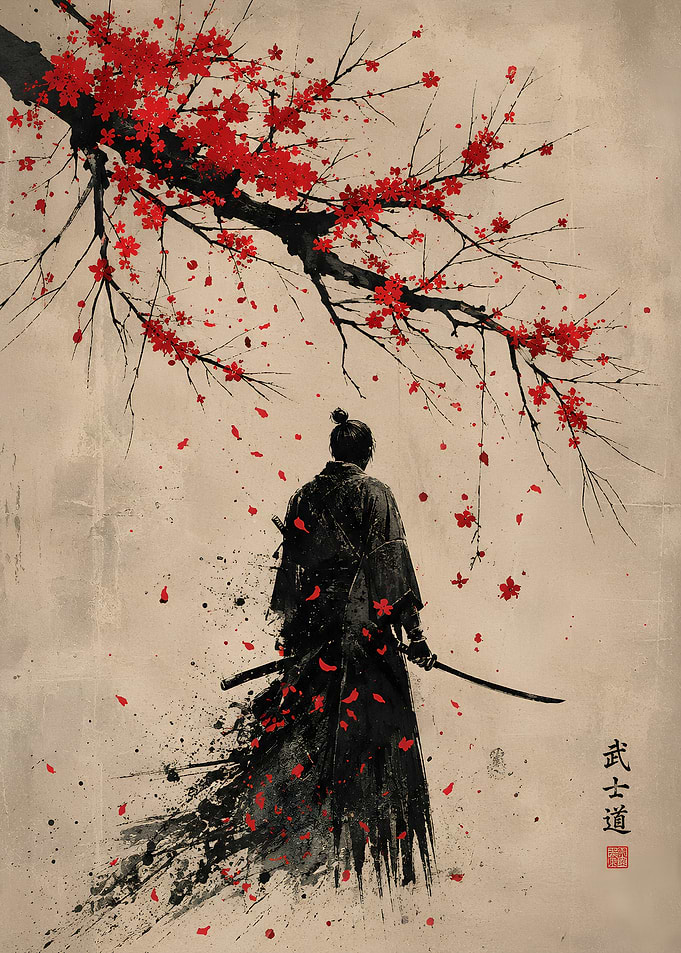 Samurai Under Red Cherry Blossoms