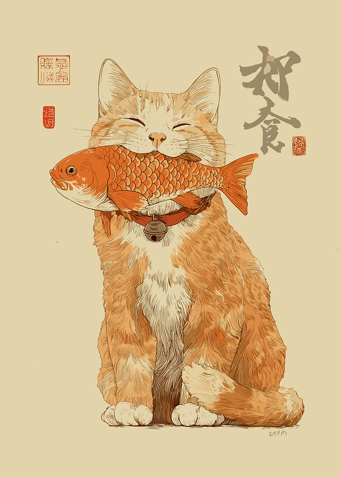Happy Ginger Cat Catching a Fish
